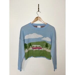 Anthropologie Luna Ivy Blue Scenic Camper Van Knit Cropped Sweater Women | Small
